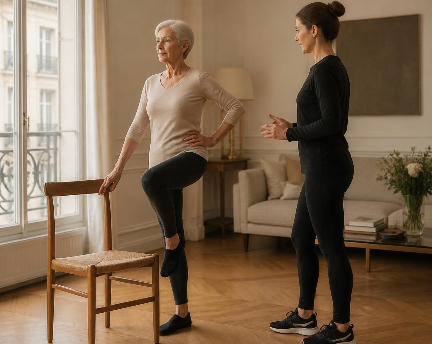 Coach en activité physique adaptée accompagnant une personne âgée lors d'une séance à domicile